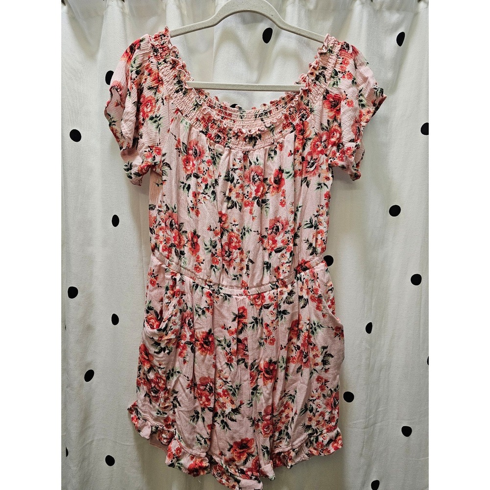 Y2K Bongo pink floral smocked ruffle romper XL gauze short sleeve off shoulder - Picture 1 of 11